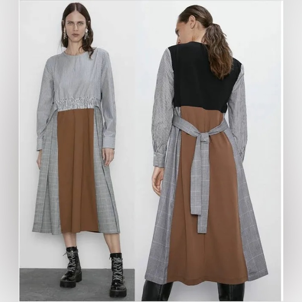 Zara Striped Blocked Midi Tie Waist Dress
